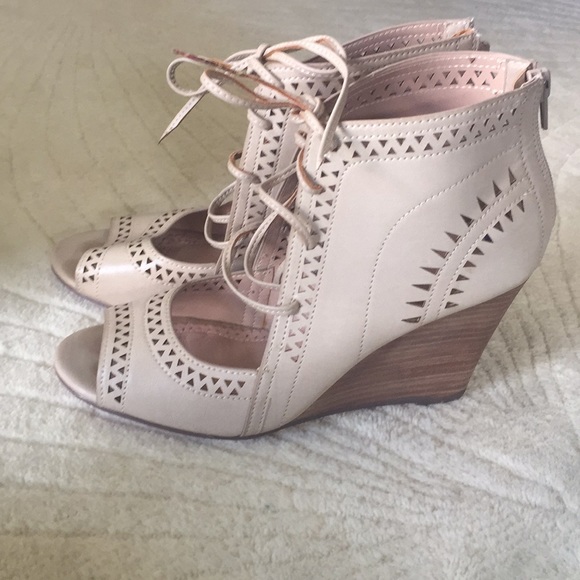 Restricted Shoes - Beige/Nude lace up cut out wedges